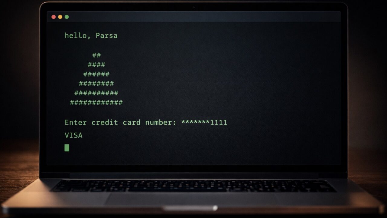 Terminal output showing three CS50 Week 1 C programs — Hello World greeting, a double Mario pyramid of hash symbols, and a credit card validation result — on a dark code editor background.