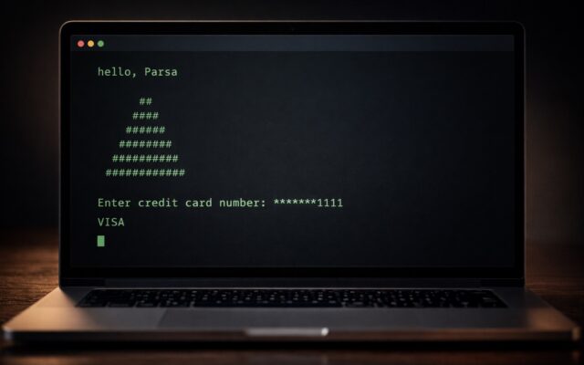 Terminal output showing three CS50 Week 1 C programs — Hello World greeting, a double Mario pyramid of hash symbols, and a credit card validation result — on a dark code editor background.