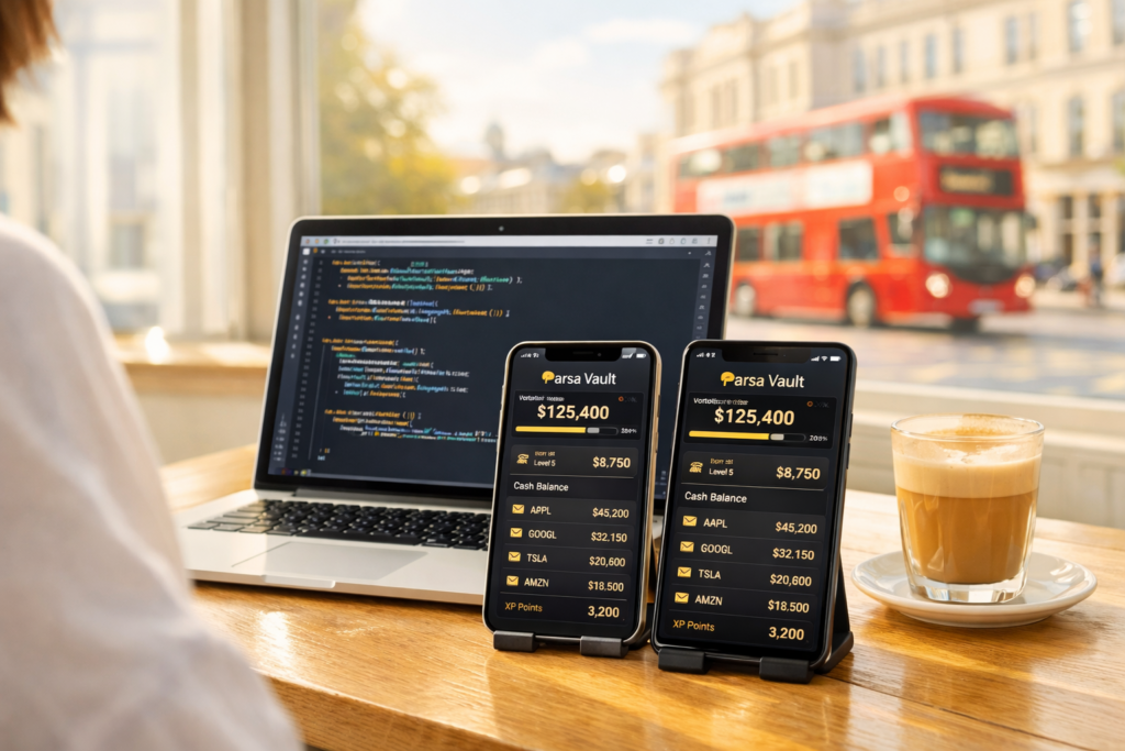A developer working on a Flutter mobile app at a bright London café with the Parsa Vault stock trading interface visible on phones and laptop