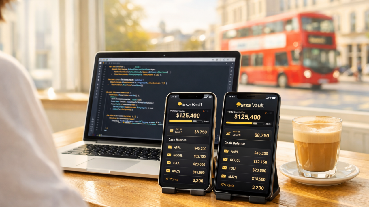 A developer working on a Flutter mobile app at a bright London café with the Parsa Vault stock trading interface visible on phones and laptop