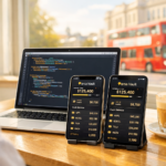 A developer working on a Flutter mobile app at a bright London café with the Parsa Vault stock trading interface visible on phones and laptop