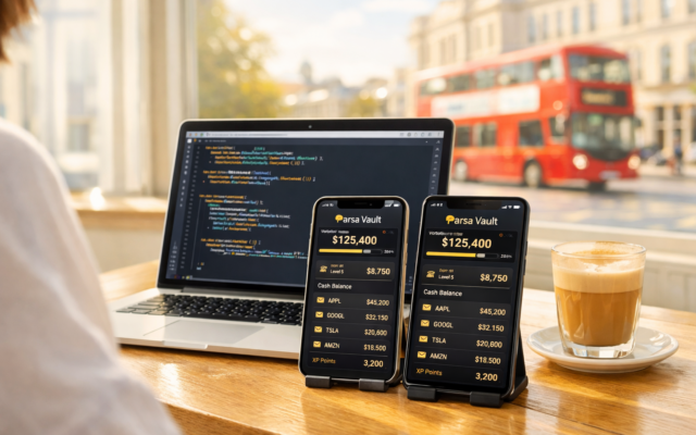 A developer working on a Flutter mobile app at a bright London café with the Parsa Vault stock trading interface visible on phones and laptop