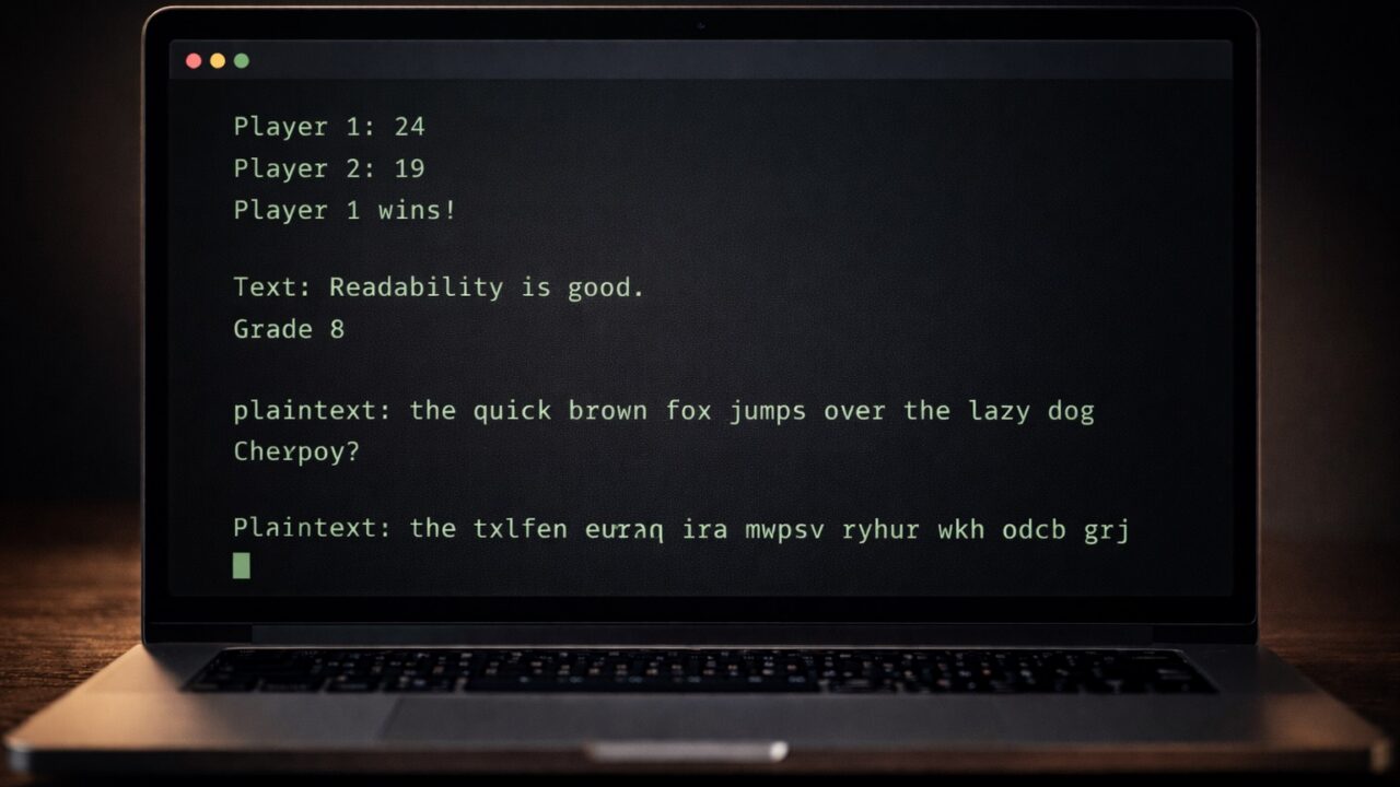 Terminal output showing three CS50 Week 2 C programs — a Scrabble word scorer, a Coleman-Liau readability grade result, and a substitution cipher encrypting a plaintext message — on a dark code editor background.