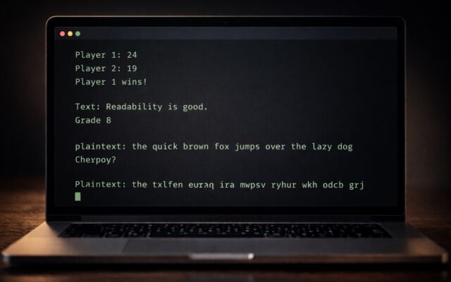 Terminal output showing three CS50 Week 2 C programs — a Scrabble word scorer, a Coleman-Liau readability grade result, and a substitution cipher encrypting a plaintext message — on a dark code editor background.