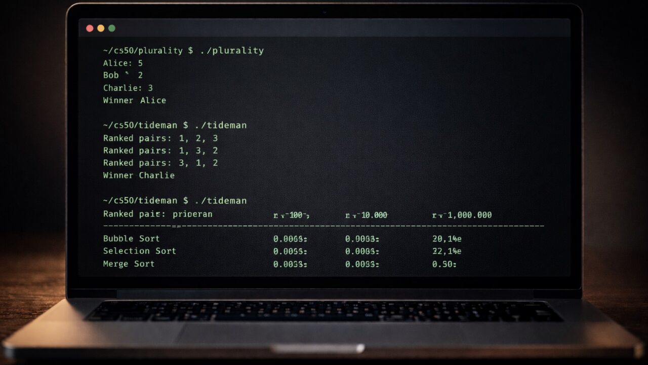 Terminal output showing CS50x Week 3 C programs — a plurality election result, a Tideman ranked pairs winner, and sorting algorithm timing comparisons — on a dark code editor background.