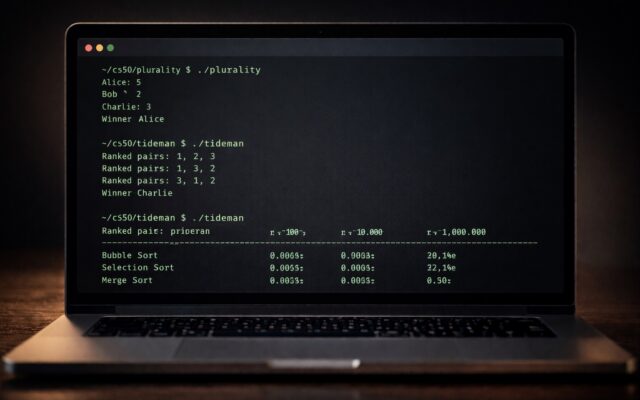 Terminal output showing CS50x Week 3 C programs — a plurality election result, a Tideman ranked pairs winner, and sorting algorithm timing comparisons — on a dark code editor background.