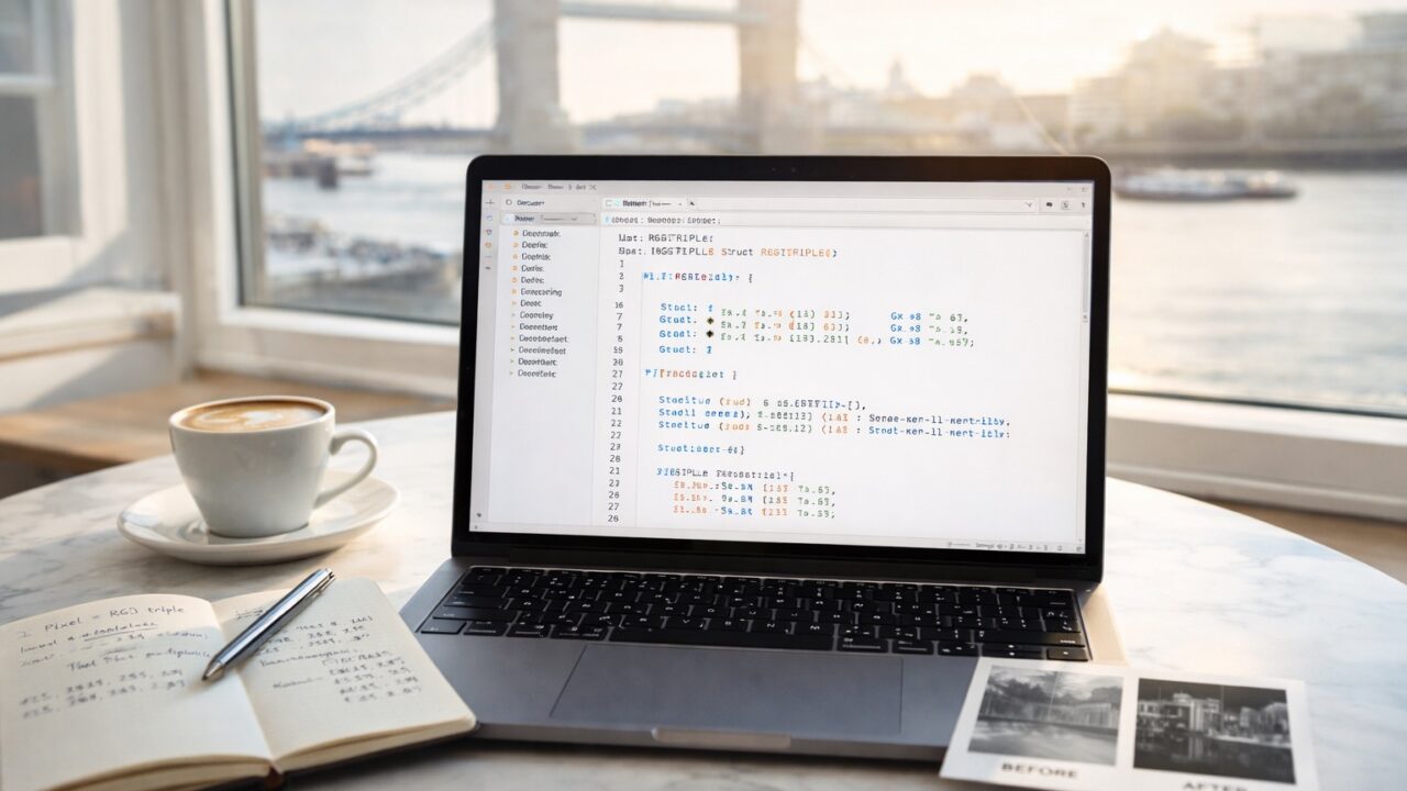 A bright London-inspired flat lay showing a MacBook with light-themed code editor open to CS50x Week 4 image filter and JPEG recovery code in C, with warm natural daylight and a blurred Tower Bridge view through a café window.
