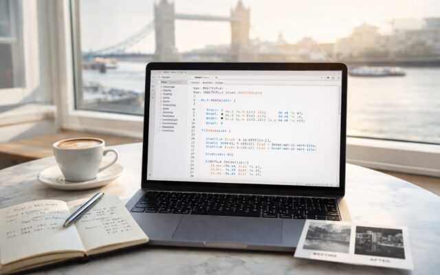 A bright London-inspired flat lay showing a MacBook with light-themed code editor open to CS50x Week 4 image filter and JPEG recovery code in C, with warm natural daylight and a blurred Tower Bridge view through a café window.
