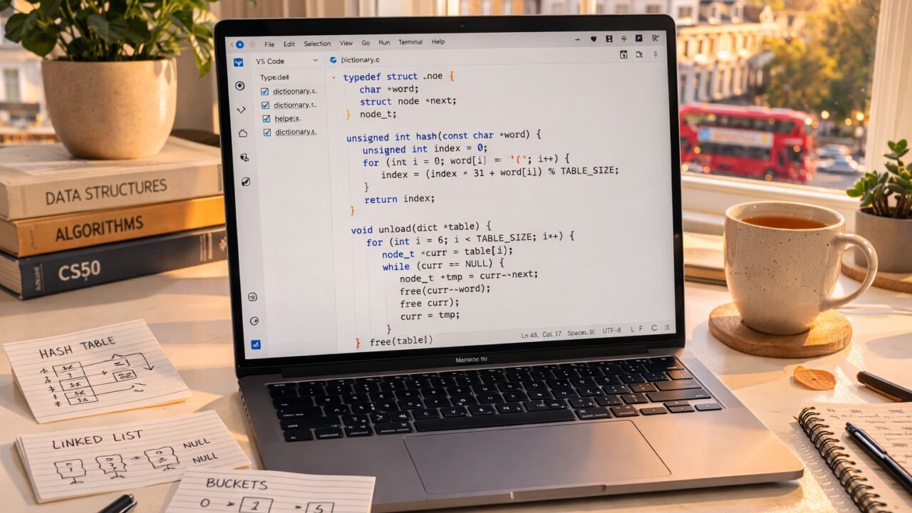 A bright London-inspired workspace showing a MacBook with a light-themed code editor open to CS50x Week 5 C code for a hash table spell checker, set on a cream desk with warm natural daylight and a softly blurred London skyline through the window.