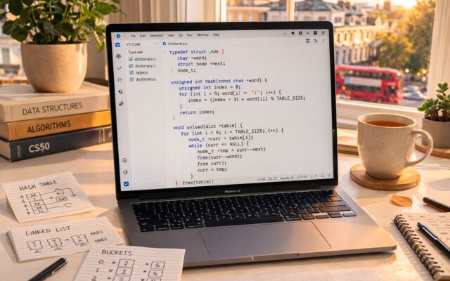 A bright London-inspired workspace showing a MacBook with a light-themed code editor open to CS50x Week 5 C code for a hash table spell checker, set on a cream desk with warm natural daylight and a softly blurred London skyline through the window.