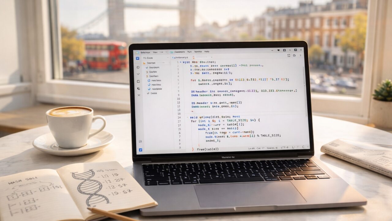 A bright London café workspace showing a MacBook with a light-themed Python editor open to CS50x Week 6 DNA profiling code, with warm natural light, a flat white coffee, and a softly blurred view of a London street through the window.