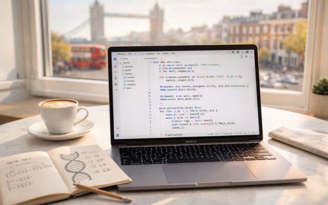 A bright London café workspace showing a MacBook with a light-themed Python editor open to CS50x Week 6 DNA profiling code, with warm natural light, a flat white coffee, and a softly blurred view of a London street through the window.