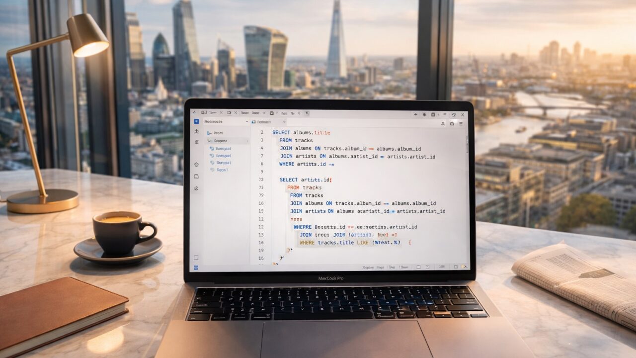 A luxury City of London workspace with a polished marble desk, MacBook Pro displaying SQL query code in a bright editor, glass skyscrapers visible through floor-to-ceiling windows, and warm golden afternoon light filling the modern office.
