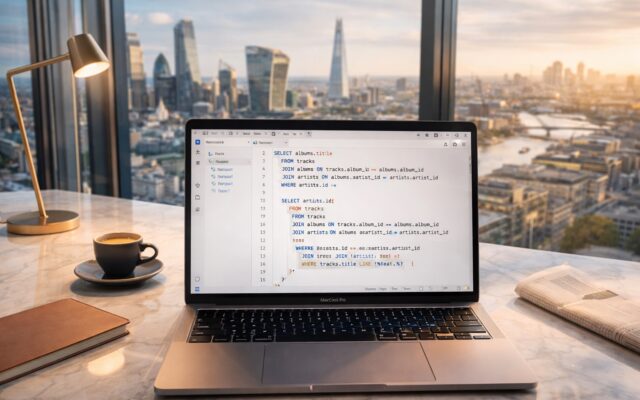 A luxury City of London workspace with a polished marble desk, MacBook Pro displaying SQL query code in a bright editor, glass skyscrapers visible through floor-to-ceiling windows, and warm golden afternoon light filling the modern office.