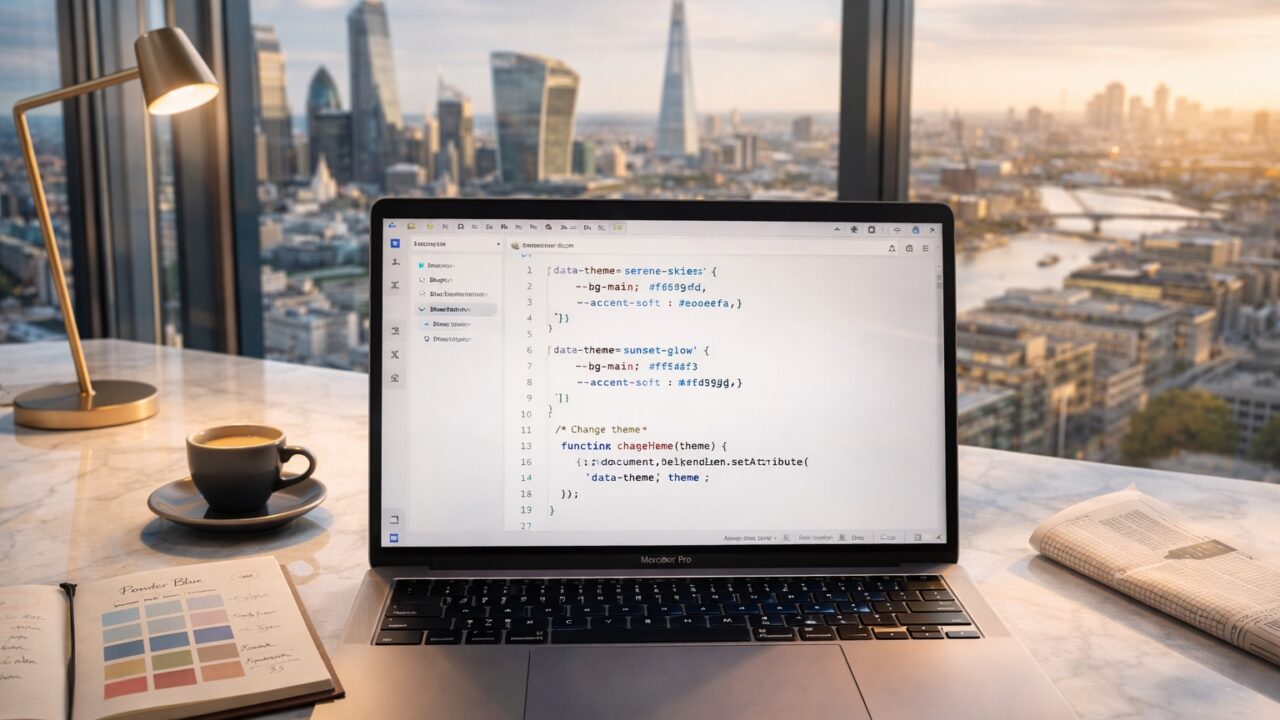 A bright City of London luxury workspace showing a MacBook with a light-themed code editor open to CS50x Week 8 CSS theme switcher code, with the Gherkin and Shard visible through floor-to-ceiling glass windows in warm afternoon light.