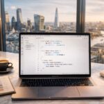 A bright City of London luxury workspace showing a MacBook with a light-themed code editor open to CS50x Week 8 CSS theme switcher code, with the Gherkin and Shard visible through floor-to-ceiling glass windows in warm afternoon light.